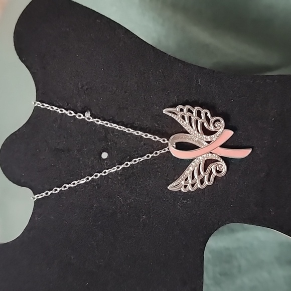 Angel Wings Cancer Ribbon Necklace - Picture 3 of 4